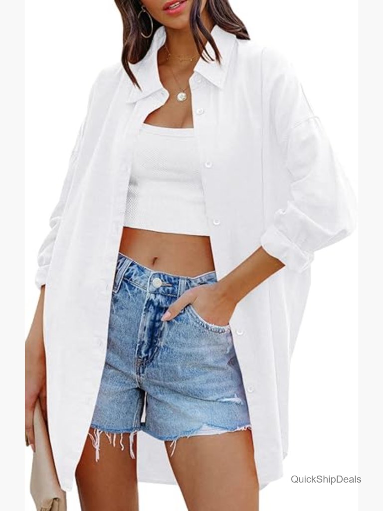 Oversized Button Down Shirt With Pockets Loose Long Sleeve Blouse